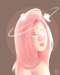 Size: 950x1200 | Tagged: safe, artist:elektra-gertly, derpibooru import, fluttershy, butterfly, human, insect, blank eyes, bust, crying, eye clipping through hair, female, humanized, image, png