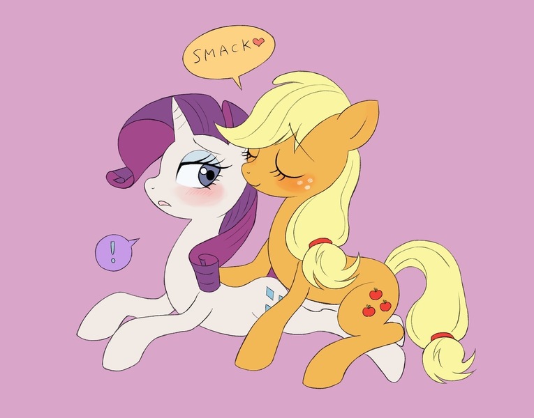 Size: 1620x1270 | Tagged: safe, artist:haibaratomoe, derpibooru import, applejack, rarity, earth pony, pony, unicorn, blushing, exclamation point, eyes closed, female, image, jpeg, kiss on the cheek, kissing, lesbian, pink background, rarijack, shipping, simple background