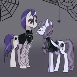 Size: 2048x2048 | Tagged: safe, artist:pfeffaroo, derpibooru import, funnel web, inky rose, earth pony, pegasus, pony, spider, braid, clothes, duo, female, folded wings, goth, gray background, halloween, high res, holiday, image, jewelry, jpeg, lidded eyes, male, mare, mouth hold, necklace, netting, nightmare night, simple background, spider web, stallion, standing, wings
