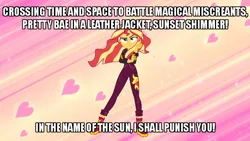 Size: 700x394 | Tagged: safe, derpibooru import, edit, edited screencap, screencap, sunset shimmer, equestria girls, equestria girls series, sunset's backstage pass!, spoiler:eqg series (season 2), backstage pass, caption, henshin, image, image macro, in the name of the moon i'll punish you, logo, png, pose, sailor moon, sliding background, text