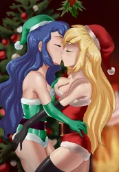 Size: 1415x2048 | Tagged: source needed, suggestive, artist:thebrokencog, derpibooru import, applejack, princess luna, human, anime, bare shoulders, belt, boob freckles, breast grab, breasts, busty applejack, busty princess luna, chest freckles, christmas, christmas tree, clothes, commission, costume, dress, evening gloves, eyes closed, female, freckles, gloves, grope, hat, holiday, holly, holly mistaken for mistletoe, humanized, image, kissing, leggings, lesbian, long gloves, lunajack, png, santa costume, santa hat, sexy, sexy santa costume, shipping, shoulder freckles, sleeveless, strapless, tree