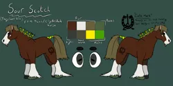 Size: 3655x1821 | Tagged: safe, artist:slimyferret, derpibooru import, oc, oc:sour scotch, clydesdale, earth pony, horse, beard, braid, branding, draft horse, facial hair, female to male, hair tie, hoers, image, png, ponysona, reference sheet, rule 63, solo, transgender, trans male