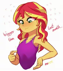 Size: 2810x3200 | Tagged: safe, artist:maren, derpibooru import, sunset shimmer, equestria girls, blushing, boob boop, breasts, cute, female, image, implied breast expansion, jpeg, puberty, shimmerbetes, simple background, solo, squishy, touch, white background, younger