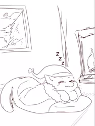 Size: 901x1199 | Tagged: safe, artist:general-irrelevant, derpibooru import, oc, oc:non toxic, monster pony, original species, tatzlpony, black and white, christmas, cozy, fire, grayscale, hat, holiday, image, monochrome, png, santa hat, sketch, sleeping, sleeping bag