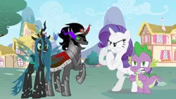 Size: 960x540 | Tagged: safe, artist:demigod-spike, artist:mariorobles2, artist:seahawk270, artist:zutheskunk edits, derpibooru import, king sombra, queen chrysalis, rarity, spike, changeling, changeling queen, dragon, pony, unicorn, angry, bipedal, chrysombra, female, image, jpeg, male, mare, shipping, sombra eyes, sparity, stallion, straight, versus