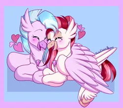 Size: 1109x978 | Tagged: safe, artist:twisted-sketch, derpibooru import, silverstream, oc, oc:velvet skies, adoraskies, canon x oc, commission, cuddling, cute, diastreamies, eyes closed, female, hug, image, jewelry, lesbian, necklace, open mouth, png, shipping, simple background, snuggling, velvestream