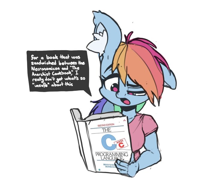 Size: 1620x1411 | Tagged: safe, artist:awr-hey, derpibooru import, rainbow dash, anthro, pegasus, book, breasts, c (language), clothes, colored ear fluff, confused, dialogue, ear fluff, eyebrows, female, frown, half body, image, jpeg, k&r, one ear down, open mouth, programming, raised eyebrow, reading, shirt, simple background, solo, speech bubble, talking, unsafe, white background