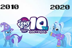 Size: 1280x852 | Tagged: safe, artist:mega-poneo, derpibooru import, trixie, pony, unicorn, alternate hairstyle, babysitter trixie, cape, clothes, duality, female, gameloft, gameloft interpretation, happy birthday mlp:fim, hat, hoodie, image, jpeg, logo, mare, mlp fim's tenth anniversary, trixie's cape, trixie's hat