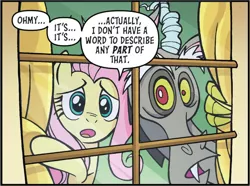 Size: 1264x941 | Tagged: safe, artist:jack lawrence, derpibooru import, idw, discord, fluttershy, spoiler:comic, spoiler:friendship in disguise, spoiler:friendship in disguise03, cropped, friendship in disguise, image, png, reaction image