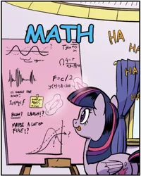 Size: 610x762 | Tagged: safe, artist:pencils, derpibooru import, twilight sparkle, twilight sparkle (alicorn), alicorn, spoiler:comic95, comic sans, cute, graph, image, laughing, magic, marker, math, mlem, png, silly, sine wave, solo, telekinesis, this will end in fire, tongue out, twiabetes, unsound effect, window