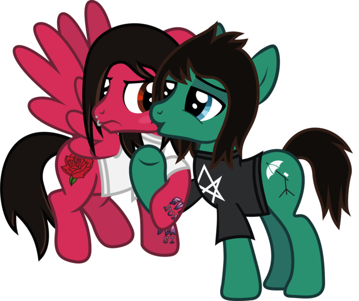 Size: 1441x1207 | Tagged: safe, artist:lightningbolt, derpibooru import, ponified, earth pony, pegasus, pony, .svg available, annoyed, blushing, bring me the horizon, clothes, crackship, derpibooru exclusive, floppy ears, flying, gay, holding hooves, image, kissing, kissing cheek, lidded eyes, lip piercing, looking at each other, male, mike fuentes, pierce the veil, piercing, png, shipping, shirt, simple background, spread wings, stallion, t-shirt, tattoo, tom sykes, transparent background, vector, wings