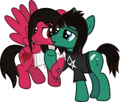 Size: 1441x1207 | Tagged: safe, artist:lightningbolt, derpibooru import, ponified, earth pony, pegasus, pony, .svg available, annoyed, blushing, bring me the horizon, clothes, crackship, derpibooru exclusive, floppy ears, flying, gay, holding hooves, image, kissing, kissing cheek, lidded eyes, lip piercing, looking at each other, male, mike fuentes, pierce the veil, piercing, png, shipping, shirt, simple background, spread wings, stallion, t-shirt, tattoo, tom sykes, transparent background, vector, wings