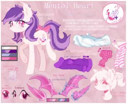 Size: 2000x1636 | Tagged: safe, artist:astralblues, artist:starrcoma, derpibooru import, oc, oc:mentol heart, bat pony, pony, amputee, artificial wings, augmented, bow, bowtie, candy, candy cane, clothes, cute, cutie mark, female, food, image, jpeg, lab coat, lenses, mane, mare, mechanical wing, palette, piercing, prosthetic limb, prosthetic wing, prosthetics, prothesis, pupils, reference sheet, scarf, socks, solo, striped socks, sweater, tail bow, wings