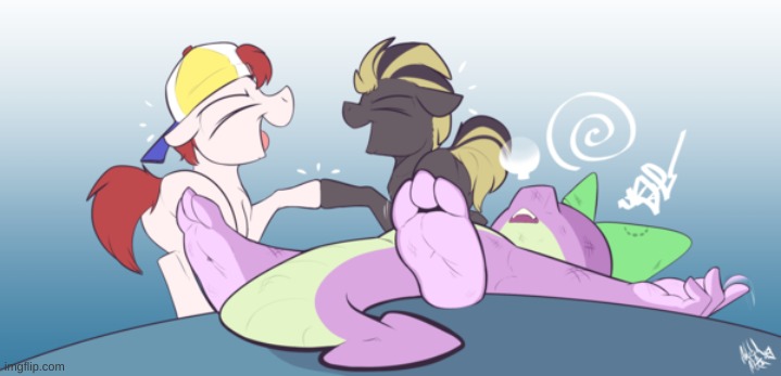 Size: 719x347 | Tagged: safe, artist:amazin-a, banned from derpibooru, deleted from derpibooru, derpibooru import, edit, spike, oc, oc:rugby chase, oc:sling shot, dragon, earth pony, pony, abuse, armpits, beaten up, bite mark, blank flank, bruised, bully, claws, colt, commission, delinquents, feet, foal, hat, hoofbump, image, implied beating, jpeg, laughing, male, male feet, mohawk, spikeabuse, twitching, unconscious, underfoot