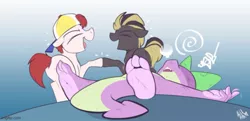 Size: 719x347 | Tagged: safe, artist:amazin-a, banned from derpibooru, deleted from derpibooru, derpibooru import, edit, spike, oc, oc:rugby chase, oc:sling shot, dragon, earth pony, pony, abuse, armpits, beaten up, bite mark, blank flank, bruised, bully, claws, colt, commission, delinquents, feet, foal, hat, hoofbump, image, implied beating, jpeg, laughing, male, male feet, mohawk, spikeabuse, twitching, unconscious, underfoot