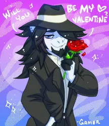 Size: 772x894 | Tagged: safe, artist:thegamercolt, derpibooru import, oc, oc:thegamercolt, anthro, earth pony, clothes, flower, hat, image, jpeg, long mane, rose, solo