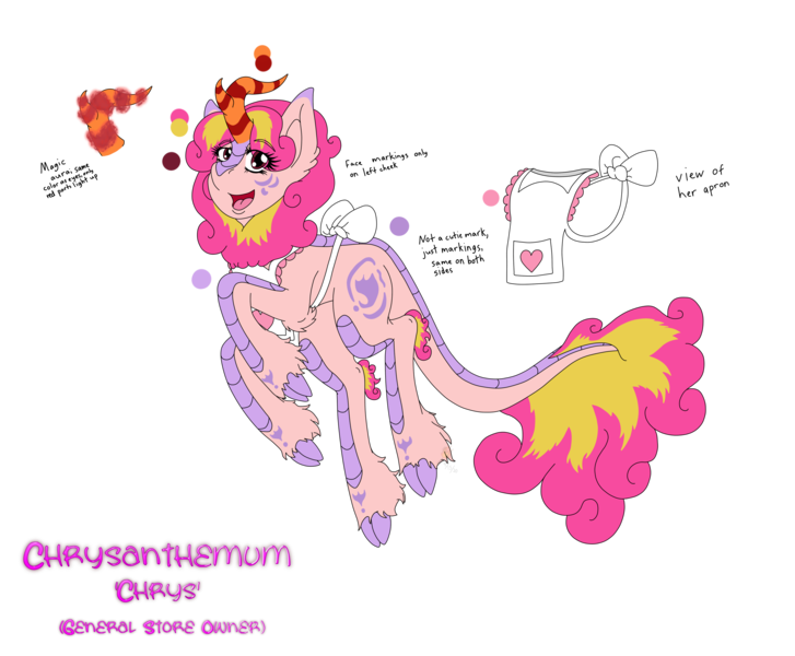 Size: 3455x2850 | Tagged: safe, artist:midnightfire1222, derpibooru import, oc, oc:chrysanthemum, kirin, apron, clothes, female, hickory hills, image, magic, magic aura, mare, png, reference sheet, simple background, solo, transparent background