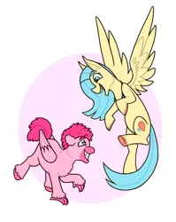 Size: 1280x1610 | Tagged: source needed, safe, artist:verikoira, derpibooru import, pinkie pie, princess skystar, ponified, hippogriff, pegasus, pony, my little pony: the movie, duo, eye contact, female, grin, hippogriffied, image, jpeg, looking at each other, mare, open mouth, role reversal, simple background, smiling, species swap, white background