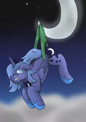 Size: 3528x4989 | Tagged: suggestive, artist:tacomytaco, derpibooru import, princess luna, alicorn, clothes, cloud, female, green underwear, gritted teeth, hanging, hanging wedgie, image, moon, night, pain, panties, png, solo, solo female, underwear, wedgie