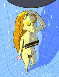 Size: 2300x3000 | Tagged: suggestive, artist:tralalayla, derpibooru import, adagio dazzle, equestria girls, advertisement, barefoot, belly button, breasts, busty adagio dazzle, censor bar, censored, commission info, eyes closed, feet, from above, image, loose hair, nudity, png, shower, solo, sponge, strategically covered, stupid sexy adagio dazzle, wet hair
