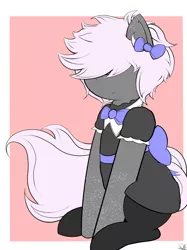 Size: 2106x2820 | Tagged: safe, artist:drawalaverr, derpibooru import, oc, oc:pulsse, unofficial characters only, earth pony, pony, bow, clothes, covered eyes, crossdressing, femboy, image, jpeg, maid, male, simple background, sitting, smiling, solo, spots