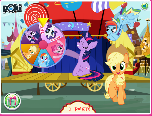 Size: 592x451 | Tagged: safe, derpibooru import, screencap, applejack, fluttershy, pinkie pie, rainbow dash, rarity, twilight sparkle, art theft, flash game, gift wrapped, image, looking at you, mane six, png, rainbow blitz, raised hoof, rule 63, stage, wheel