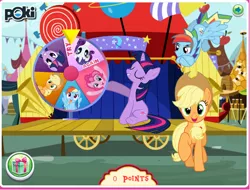 Size: 592x451 | Tagged: safe, derpibooru import, screencap, applejack, fluttershy, pinkie pie, rainbow dash, rarity, twilight sparkle, art theft, flash game, gift wrapped, image, looking at you, mane six, png, rainbow blitz, raised hoof, rule 63, stage, wheel