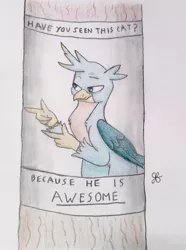 Size: 1892x2537 | Tagged: safe, artist:goldenflow, derpibooru import, gallus, gryphon, catbird, colored pencil drawing, cute, finger gun, finger guns, gallabetes, have you seen this cat?, image, jpeg, male, meme, ponified meme, smiling, smug, solo, telephone pole, text, traditional art