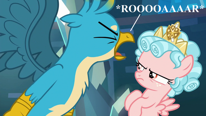 Size: 1280x720 | Tagged: safe, derpibooru import, edit, edited screencap, screencap, cozy glow, gallus, gryphon, school raze, angry, cozy glow is not amused, eyes closed, furry reminder, image, jewelry, png, roar, tiara