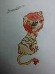 Size: 1932x2576 | Tagged: safe, artist:nurkako, derpibooru import, ponified, earth pony, monster pony, pony, barely pony related, cat tail, clothes, crossover, ear piercing, earring, gloves, image, jewelry, jpeg, looking back, mattel, monster, monster high, piercing, scarf, toralei stripe, traditional art, werecat