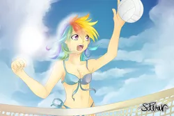 Size: 750x500 | Tagged: safe, artist:the0ne-u-lost, derpibooru import, rainbow dash, human, beach, belly button, bikini, blue swimsuit, breasts, cleavage, clothes, cloud, humanized, image, jpeg, outdoors, sky, solo, sports, string bikini, swimsuit, volleyball, volleyball net