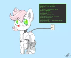 Size: 1100x900 | Tagged: safe, artist:lyrabop, derpibooru import, oc, oc:robop, unofficial characters only, earth pony, pony, robot, robot pony, cable, image, png, red nose, solo, text