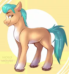 Size: 2279x2458 | Tagged: safe, artist:holomouse, derpibooru import, hitch trailblazer, earth pony, pony, blaze (coat marking), ear fluff, floppy ears, g5, high res, image, jpeg, looking at you, male, pale belly, simple background, smiling, smiling at you, smirk, socks (coat marking), solo, stallion, unshorn fetlocks