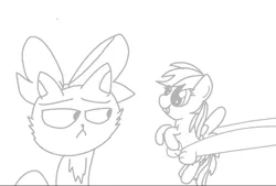 Size: 810x548 | Tagged: safe, artist:crossovercartoons, derpibooru import, mitsy, rainbow dash, cat, pegasus, pony, may the best pet win, bow, cute, dashabetes, digital art, digital drawing, drawing, frown, holding, image, looking right, monochrome, png, puddy tat, role reversal, simple background, sketch, solo, tongue out, white background