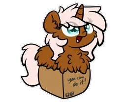 Size: 3250x2688 | Tagged: safe, artist:kimjoman, derpibooru import, part of a set, oc, unofficial characters only, pony, unicorn, box, chest fluff, female, fluffy, fragile, happy, image, mare, png, pony in a box, simple background, smiling, solo, transparent background