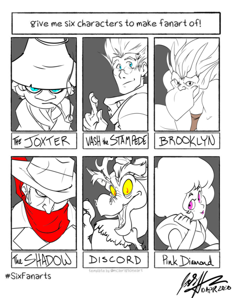 Size: 1200x1500 | Tagged: safe, artist:kaleidraws, derpibooru import, discord, draconequus, gargoyle, human, six fanarts, brooklyn, bust, clothes, crossover, female, gargoyles, hat, image, joxter, male, moomins, open mouth, partial color, pink diamond (steven universe), pipe, png, scarf, signature, smiling, steven universe, trigun, vash the stampede