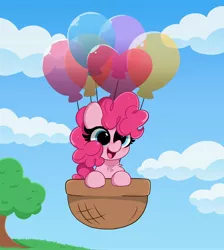 Size: 3678x4096 | Tagged: safe, artist:kittyrosie, derpibooru import, pinkie pie, earth pony, pony, balloon, basket, blushing, chest fluff, cloud, cute, diapinkes, digital art, female, floating, happy, high res, image, jpeg, mare, open mouth, sky, smiling, solo, then watch her balloons lift her up to the sky, tree, weapons-grade cute