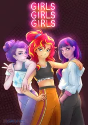 Size: 2480x3507 | Tagged: safe, artist:tokokami, derpibooru import, rarity, sunset shimmer, twilight sparkle, human, equestria girls, clothes, hand on hip, hoodie, humanized, image, neon, pants, png, sports, sports bra, sporty style, sweatpants, trio, wallpaper