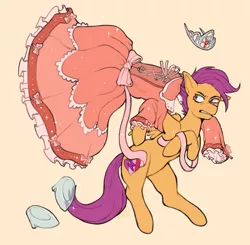 Size: 2300x2250 | Tagged: safe, artist:karamboll, derpibooru import, scootaloo, pegasus, pony, angry, clothes, commission, dress, female, high heels, image, jewelry, living clothes, non-consensual wearing, png, shoes, solo, tiara
