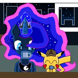 Size: 3942x3942 | Tagged: safe, artist:superhypersonic2000, derpibooru import, princess luna, alicorn, pikachu, pony, coffee, detective pikachu, ethereal mane, glowing horn, horn, image, magic, pixel art, png, pokémon, starry mane, telekinesis