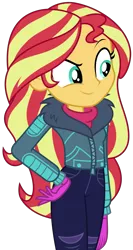 Size: 1547x2906 | Tagged: safe, artist:sketchmcreations, derpibooru import, sunset shimmer, equestria girls, equestria girls series, holidays unwrapped, spoiler:eqg series (season 2), clothes, coat, determined, female, gloves, hand on hip, image, png, raised eyebrow, saving pinkie's pie, simple background, smiling, transparent background, vector, winter outfit