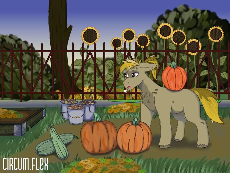 Size: 1280x960 | Tagged: safe, artist:circumflexs, derpibooru import, oc, oc:triticale, pony, bucket, bush, carrying, fence, flower, food, harvest, high res, image, jpeg, ponytail, potato, pumpkin, sunflower, tired, tree