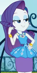 Size: 1047x2045 | Tagged: safe, derpibooru import, screencap, rarity, equestria girls, equestria girls series, sock it to me, spoiler:eqg series (season 2), canterlot high, clothes, cropped, cute, diamond, dress, female, geode of shielding, gold, hand on hip, image, jewelry, jpeg, legs, lidded eyes, magical geodes, necklace, outdoors, raribetes, rarity peplum dress, skirt, sleeveless, smiling, soccer field, sock it to me: rarity, waistband, wrist cuffs