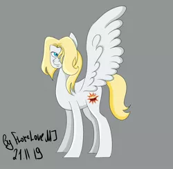 Size: 1394x1358 | Tagged: safe, artist:flame_heart_98, derpibooru import, ponified, pegasus, pony, gray background, hair over one eye, image, jpeg, signature, simple background, solo, wings