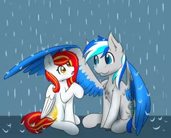 Size: 1499x1212 | Tagged: safe, artist:noxi1_48, derpibooru import, oc, oc:diamond sun, oc:hawker hurricane, unofficial characters only, pegasus, pony, commission, cute, female, hawkmond, image, jpeg, male, mare, oc x oc, pegasus oc, rain, shipping, simple background, sitting, spread wings, stallion, wing umbrella, wings, ych example, your character here