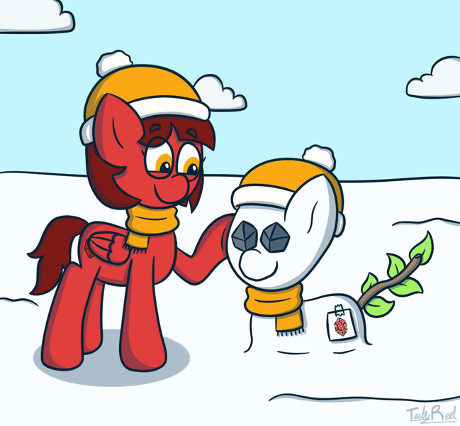 Size: 908x839 | Tagged: safe, artist:techreel, derpibooru import, oc, oc:cinnamon pop, pegasus, pony, clothes, cloud, coal, cutie mark, female, image, mare, png, red mane, scarf, snow, snowpony, solo, tree branch, winter hat, yellow eyes