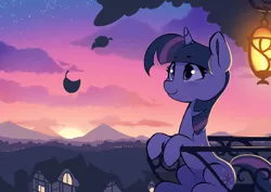 Size: 2400x1697 | Tagged: safe, artist:darksittich, derpibooru import, twilight sparkle, pony, unicorn, eyebrows visible through hair, female, golden oaks library, house, image, lantern, leaf, library, mare, mountain, namesake, png, ponyville, pun, scenery, sitting, smiling, solo, stars, sun, sunset, twilight (astronomy), unicorn twilight, visual pun