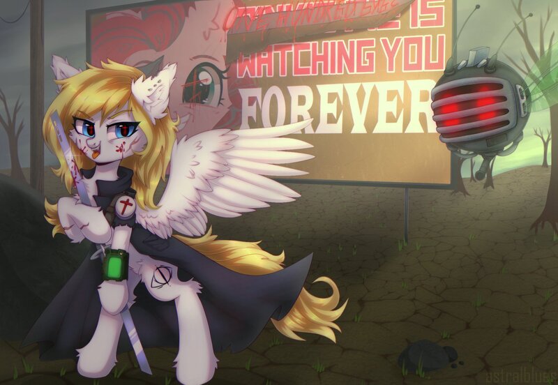 Size: 2030x1400 | Tagged: semi-grimdark, artist:astralblues, derpibooru import, pinkie pie, oc, oc:bright calm, pegasus, pony, fallout equestria, banner, billboard, blade, blood, blue eyes, chest fluff, clothes, coat, ear fluff, eyebot, fallout, fangs, fluffy, hoof fluff, image, jpeg, katana, leg fluff, pegasus oc, pipbuck, poster, solo, sword, weapon, wing fluff, wings