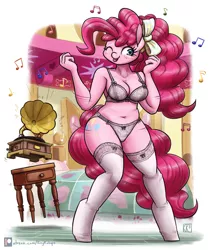 Size: 2153x2500 | Tagged: suggestive, artist:king-kakapo, derpibooru import, pinkie pie, anthro, earth pony, unguligrade anthro, bed, bedroom, belly button, blushing, bow, bow underwear, breasts, busty pinkie pie, clothes, dancing, female, hair bow, image, lingerie, music notes, one eye closed, panties, phonograph, plump, png, socks, solo, stockings, thigh highs, tongue out, underwear, white underwear