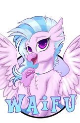 Size: 1237x1912 | Tagged: safe, artist:hobbes-maxwell, derpibooru import, silverstream, hippogriff, badge, female, image, jpeg, simple background, solo, waifu, waifu badge, white background